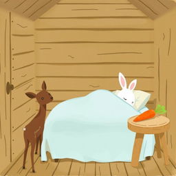 A delightful scene inside a wooden cabin featuring a small brown deer standing curiously