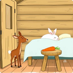 A delightful scene inside a wooden cabin featuring a small brown deer standing curiously