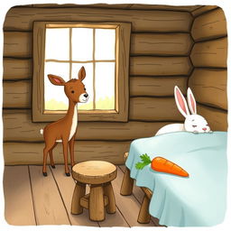 A delightful scene inside a wooden cabin featuring a small brown deer standing curiously