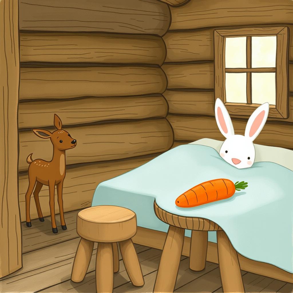 A delightful scene inside a wooden cabin featuring a small brown deer standing curiously