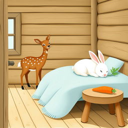 A delightful scene inside a wooden cabin featuring a small brown spotted deer, also known as a sika deer, standing curiously