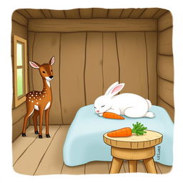 A delightful scene inside a wooden cabin featuring a small brown spotted deer, also known as a sika deer, standing curiously