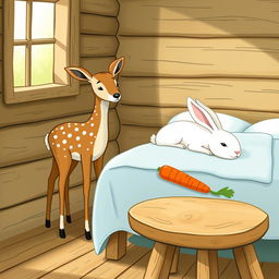 A delightful scene inside a wooden cabin featuring a small brown spotted deer, also known as a sika deer, standing curiously