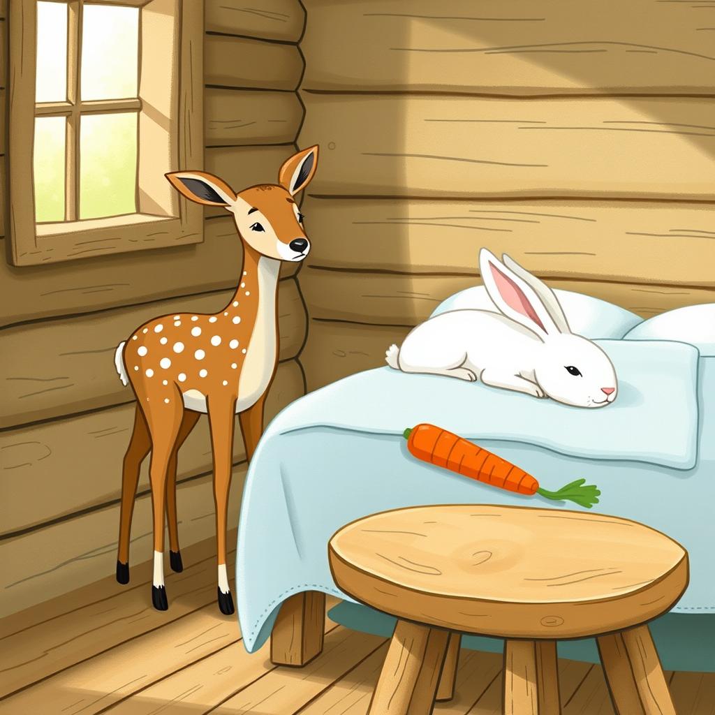 A delightful scene inside a wooden cabin featuring a small brown spotted deer, also known as a sika deer, standing curiously