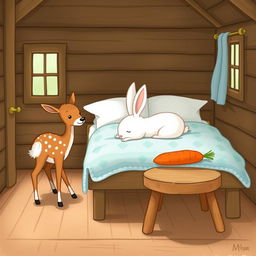A delightful scene inside a wooden cabin featuring a small brown spotted deer, also known as a sika deer, standing curiously