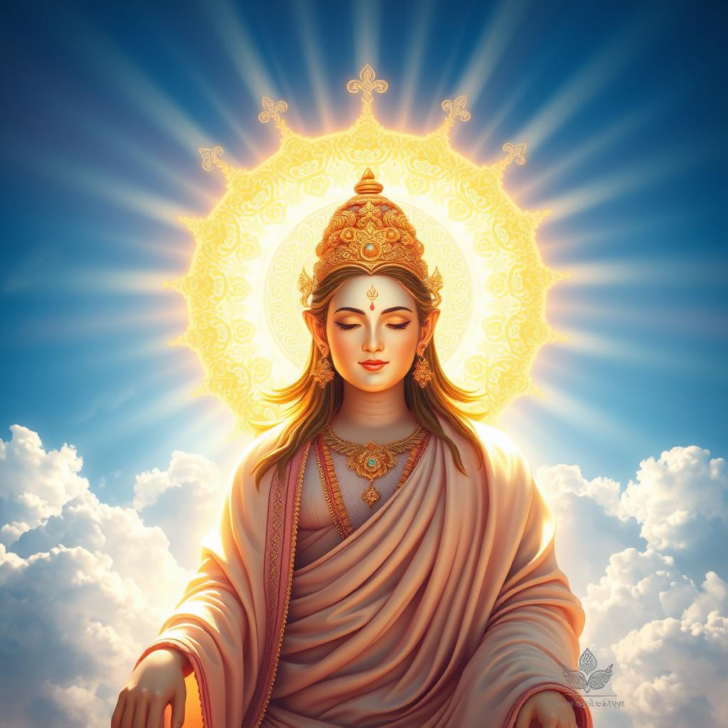 A majestic and ethereal representation of a deity, surrounded by a luminous celestial aura, with intricate golden patterns and vibrant colors forming a divine halo