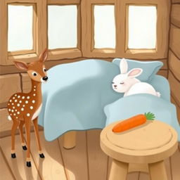 A charming scene inside a wooden cabin featuring a small brown spotted deer, known as a sika deer, standing curiously