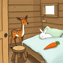 A charming scene inside a wooden cabin featuring a small brown spotted deer, known as a sika deer, standing curiously
