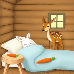A charming scene inside a wooden cabin featuring a small brown spotted deer, known as a sika deer, standing curiously