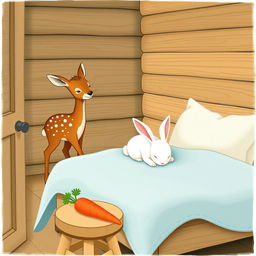 A charming scene inside a wooden cabin featuring a small brown spotted deer, known as a sika deer, standing curiously