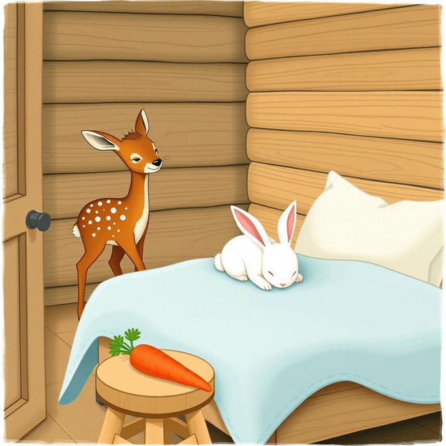 A charming scene inside a wooden cabin featuring a small brown spotted deer, known as a sika deer, standing curiously