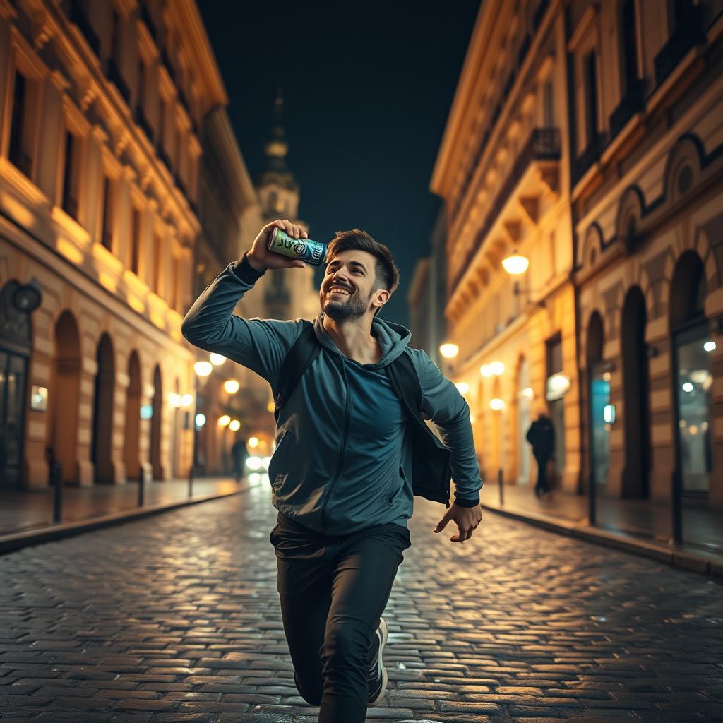 A dynamic movie frame featuring a young Ukrainian man energetically running through a historic old street in Kyiv at night, with beautiful, illuminated buildings showcasing classic architecture