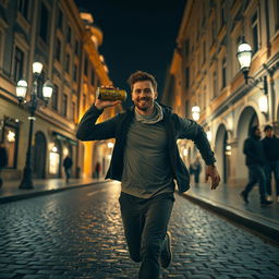 A dynamic movie frame featuring a young Ukrainian man energetically running through a historic old street in Kyiv at night, with beautiful, illuminated buildings showcasing classic architecture
