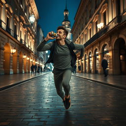 A dynamic movie frame featuring a young Ukrainian man energetically running through a historic old street in Kyiv at night, with beautiful, illuminated buildings showcasing classic architecture