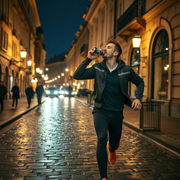 A dynamic movie frame featuring a young Ukrainian man energetically running through a historic old street in Kyiv at night, with beautiful, illuminated buildings showcasing classic architecture