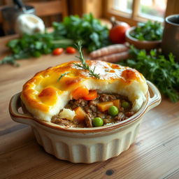 A beautifully crafted shepherd's pie, with a golden-brown top made of creamy mashed potatoes, lightly browned and fluffy, resting in a rustic ceramic dish