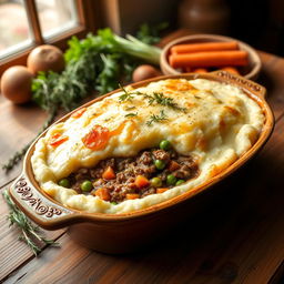 A beautifully crafted shepherd's pie, with a golden-brown top made of creamy mashed potatoes, lightly browned and fluffy, resting in a rustic ceramic dish