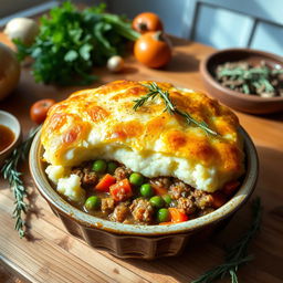 A beautifully crafted shepherd's pie, with a golden-brown top made of creamy mashed potatoes, lightly browned and fluffy, resting in a rustic ceramic dish
