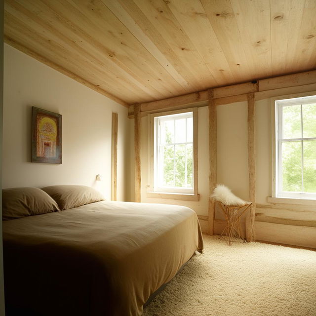 Design a cozy 11 foot by 11 foot bedroom containing a comfortable double bed.