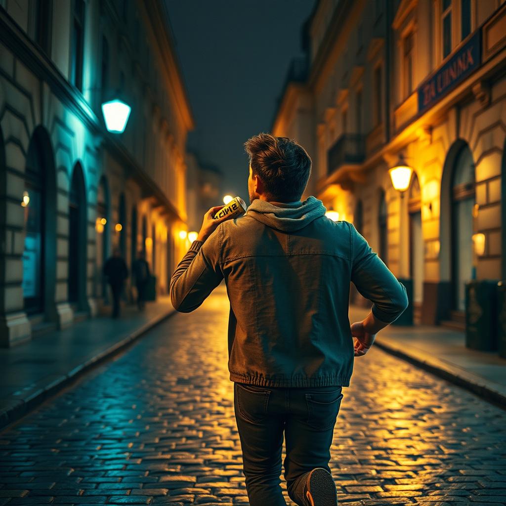 A captivating movie frame depicting a young Ukrainian man viewed from behind as he runs through a historic street in Kyiv at night