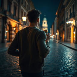 A captivating movie frame depicting a young Ukrainian man viewed from behind as he runs through a historic street in Kyiv at night