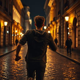 A captivating movie frame depicting a young Ukrainian man viewed from behind as he runs through a historic street in Kyiv at night