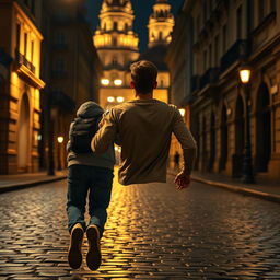A captivating movie frame depicting a young Ukrainian man viewed from behind as he runs through a historic street in Kyiv at night