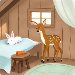 A charming scene inside a wooden cabin featuring a small brown spotted deer, known as a sika deer, standing curiously
