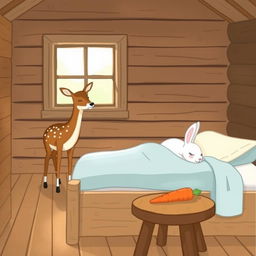 A charming scene inside a wooden cabin featuring a small brown spotted deer, known as a sika deer, standing curiously