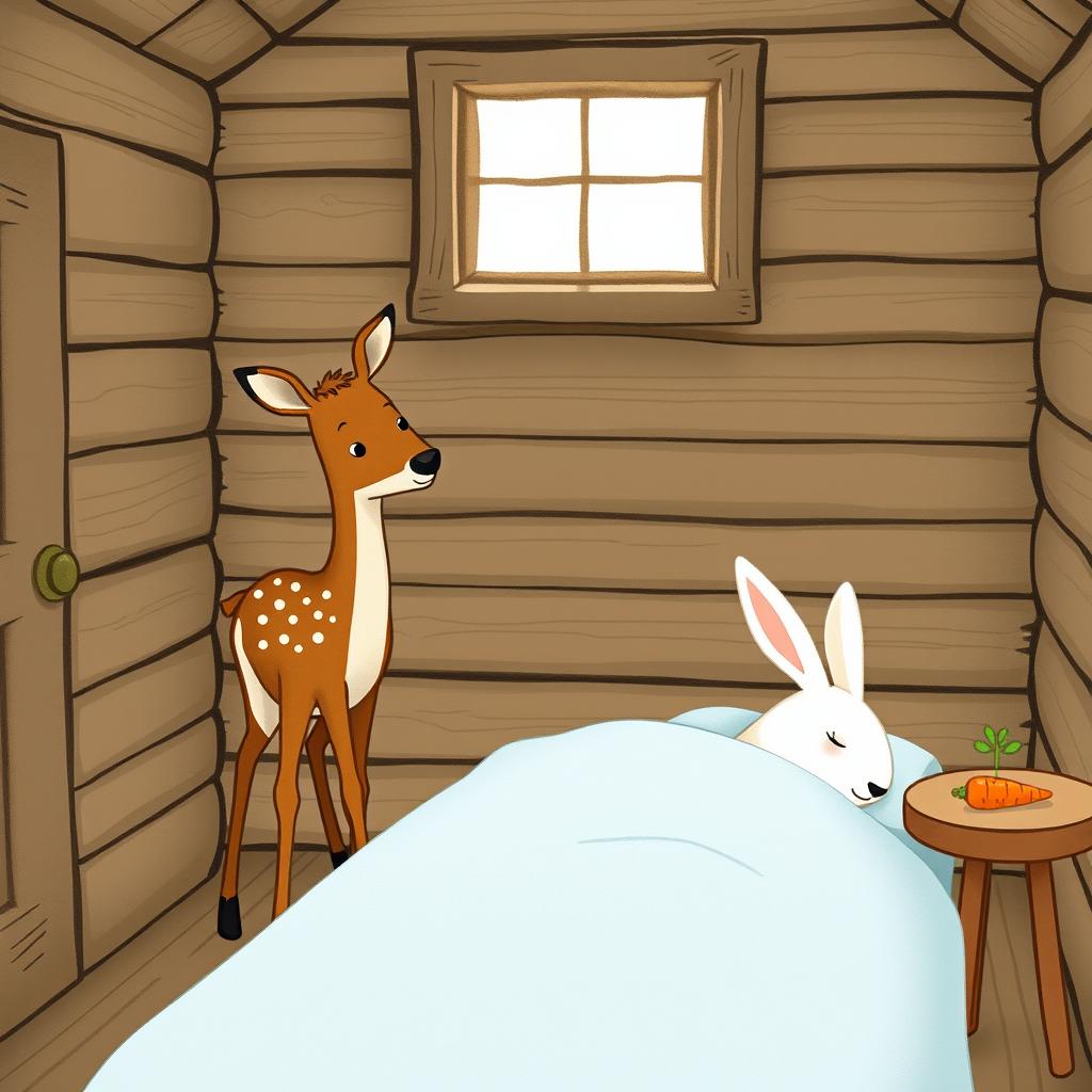 A charming scene inside a wooden cabin featuring a small brown spotted deer, known as a sika deer, standing curiously