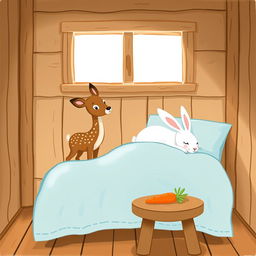 A charming scene inside a wooden cabin featuring a small brown spotted deer, known as a sika deer, standing curiously
