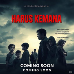 A dramatic movie poster for the film titled "Harus Kemana" showcasing a poignant scene of family separation due to divorce
