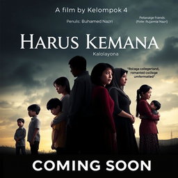 A dramatic movie poster for the film titled "Harus Kemana" showcasing a poignant scene of family separation due to divorce