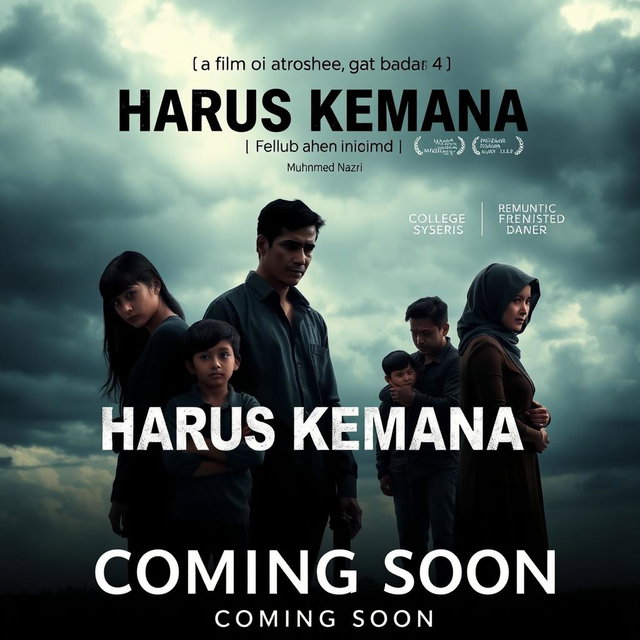 A dramatic movie poster for the film titled "Harus Kemana" showcasing a poignant scene of family separation due to divorce