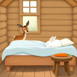 A charming scene inside a wooden cabin featuring a small brown spotted deer, known as a sika deer, standing curiously