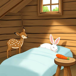 A charming scene inside a wooden cabin featuring a small brown spotted deer, known as a sika deer, standing curiously