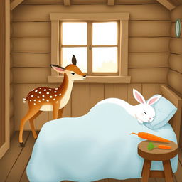 A charming scene inside a wooden cabin featuring a small brown spotted deer, known as a sika deer, standing curiously