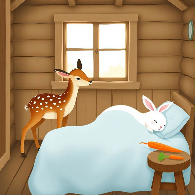 A charming scene inside a wooden cabin featuring a small brown spotted deer, known as a sika deer, standing curiously