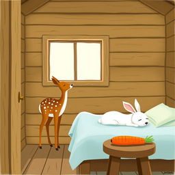 A charming scene inside a wooden cabin featuring a small brown spotted deer, known as a sika deer, standing curiously