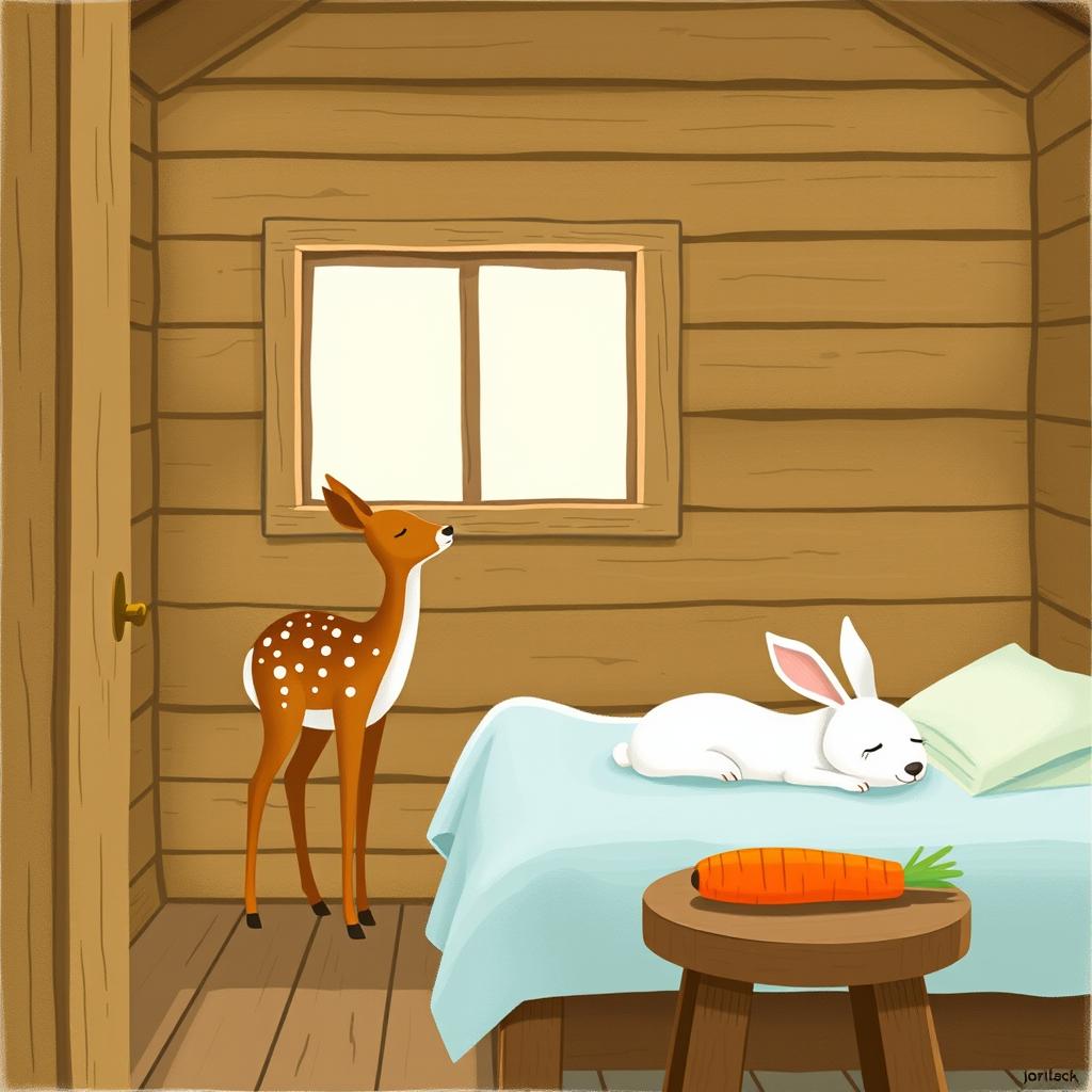 A charming scene inside a wooden cabin featuring a small brown spotted deer, known as a sika deer, standing curiously