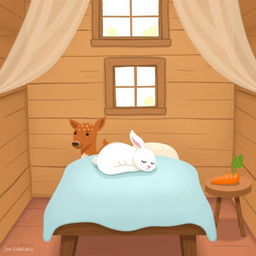 A cozy and whimsical scene inside a wooden cabin featuring a small brown spotted deer, known as a sika deer, standing contentedly