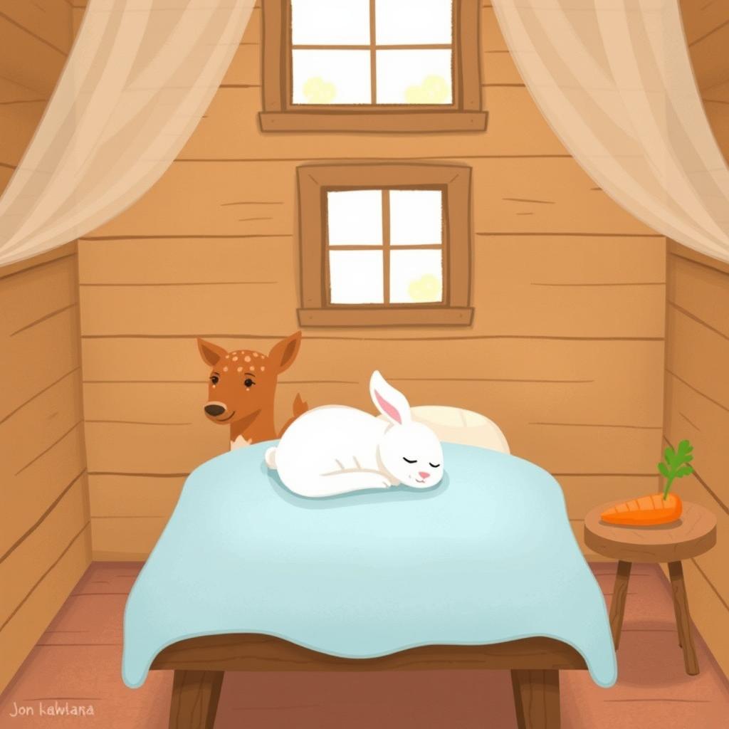 A cozy and whimsical scene inside a wooden cabin featuring a small brown spotted deer, known as a sika deer, standing contentedly