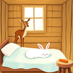 A cozy and whimsical scene inside a wooden cabin featuring a small brown spotted deer, known as a sika deer, standing contentedly