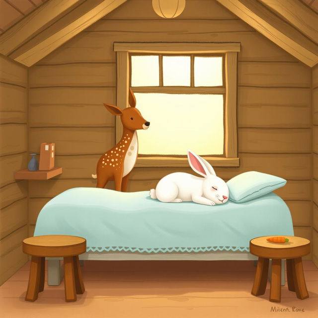 A cozy and whimsical scene inside a wooden cabin featuring a small brown spotted deer, known as a sika deer, standing contentedly