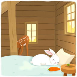 A cozy and whimsical scene inside a wooden cabin featuring a small brown spotted deer, known as a sika deer, standing contentedly