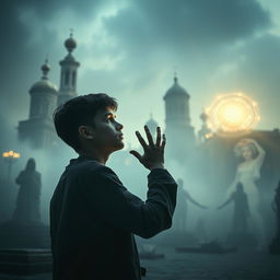 A dramatic movie frame depicting a young hero in the afterlife, standing in a surreal version of Kyiv