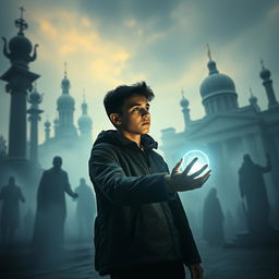 A dramatic movie frame depicting a young hero in the afterlife, standing in a surreal version of Kyiv
