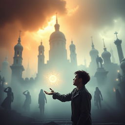 A dramatic movie frame depicting a young hero in the afterlife, standing in a surreal version of Kyiv
