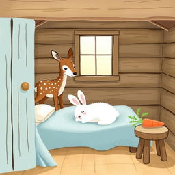 A delightful illustration of a cozy wooden cabin interior, featuring a small brown spotted deer, known as a sika deer, standing inside