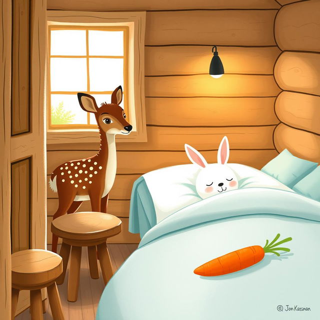 A delightful illustration of a cozy wooden cabin interior, featuring a small brown spotted deer, known as a sika deer, standing inside